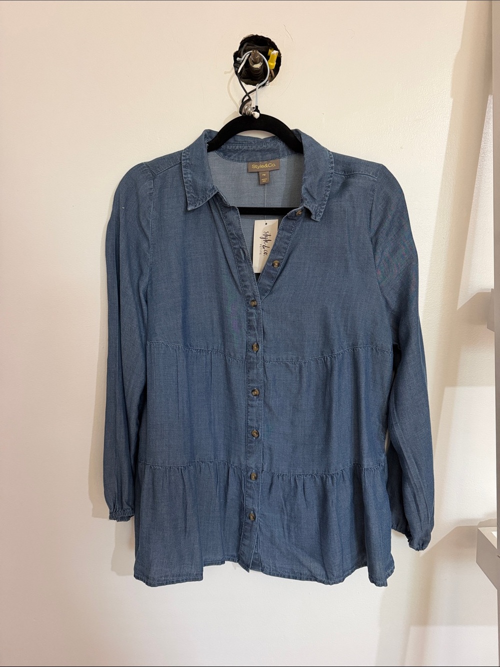 Style & Co. Washed Blue Denim Tiered Button-Down Shirt